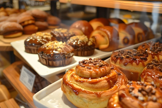 Um paraíso para os amantes de pastelaria Delicie-se com deliciosas pastelarias de cafés com uma exibição deliciosa