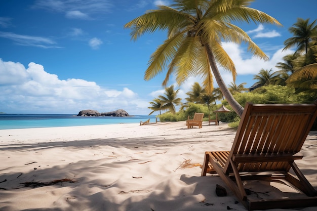 Um paraíso tropical capturado em uma instantânea praia afundada cadeiras azuis do mar balançando palmeiras