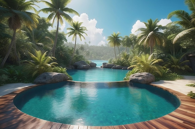 Foto um paraíso tropical com palmeiras e uma piscina cristalina