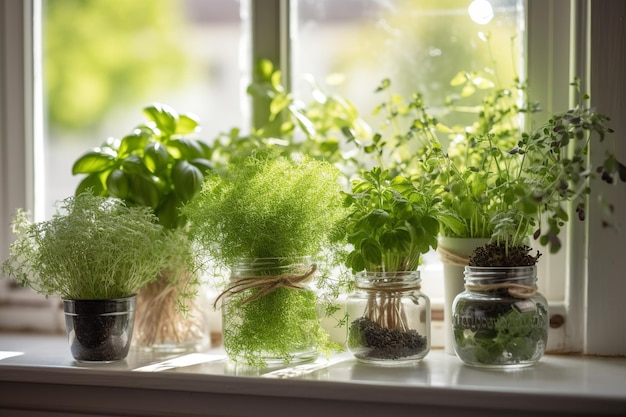 Um parapeito de janela com várias plantas pequenas.