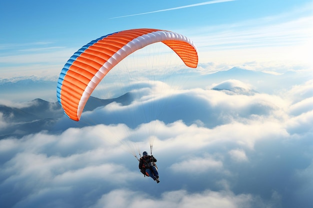 Foto um parapente a voar pelas nuvens.