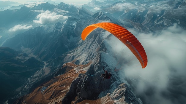 Um parapente laranja voando sobre uma cordilheira