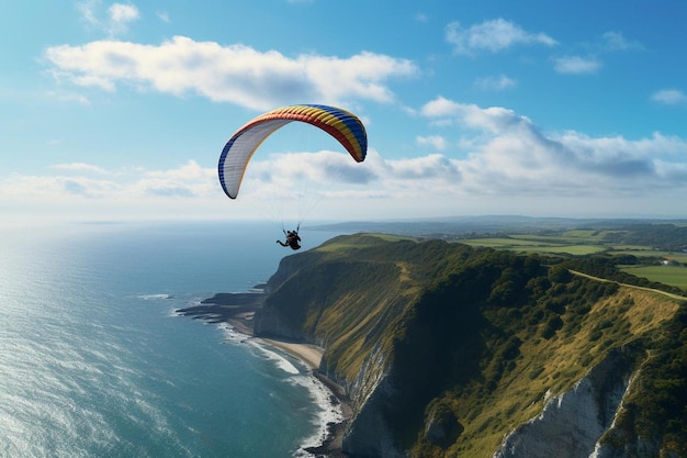 Um parapente voa sobre o oceano.