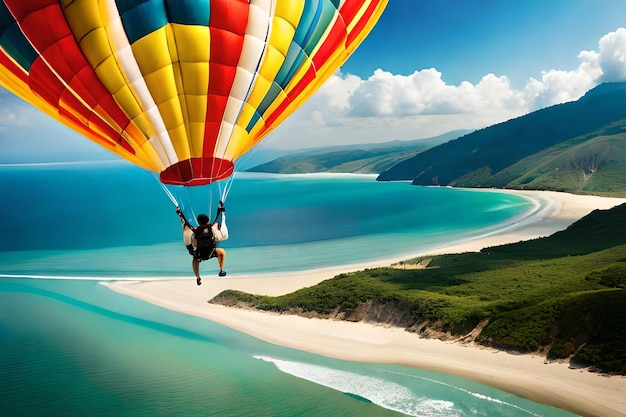 Um parapente voa sobre uma praia com montanhas ao fundo.