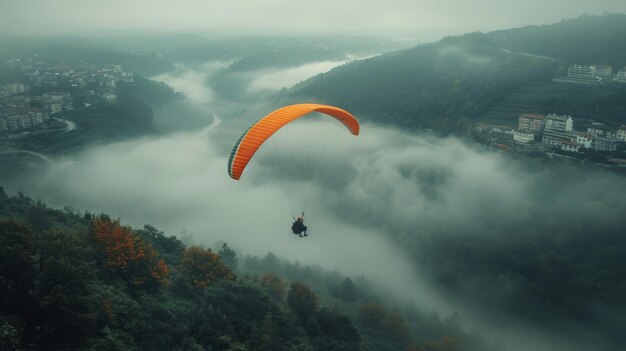 Um parapente voando sobre nuvens e montanhas