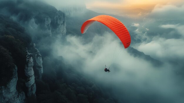 Um parapente voando sobre nuvens e montanhas