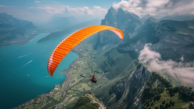 Um parapente voando sobre uma cordilheira