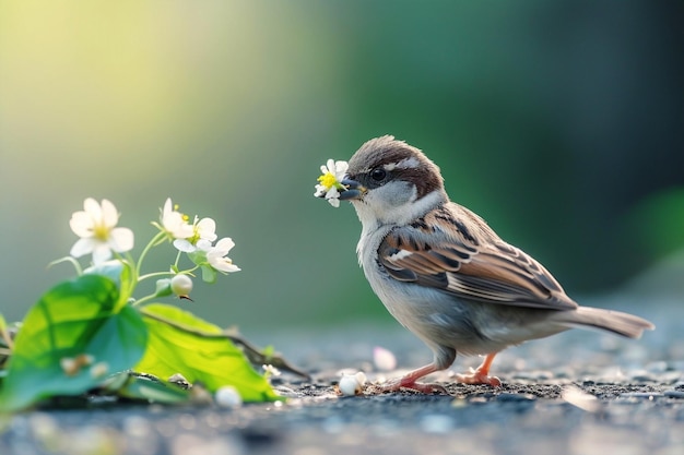 Um pardal bonito no jardim de primavera com árvore em flor dia mundial do pardal