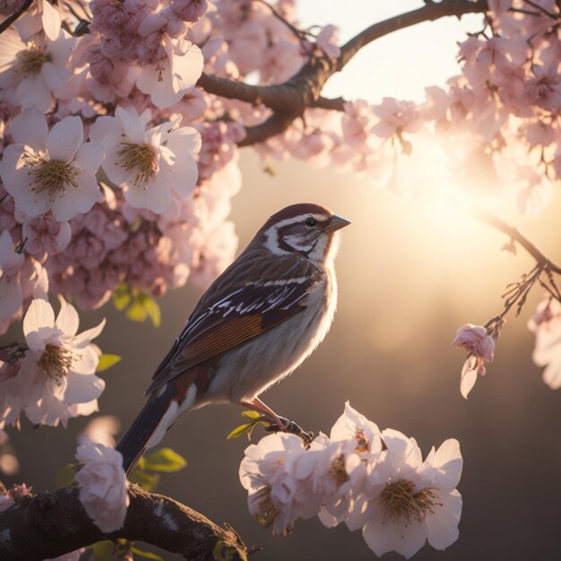 Um pardal empoleirado no topo de uma cerejeira em flor