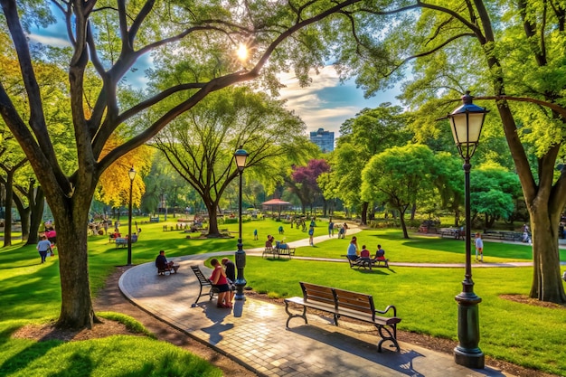 Foto um parque com um banco de parque e um poste de lâmpada com pessoas sentadas nele