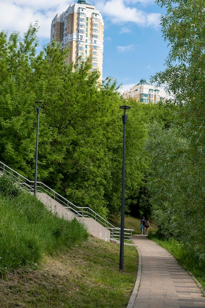 Um parque da cidade com árvores em um dia ensolarado de verão com uma casa ao fundo