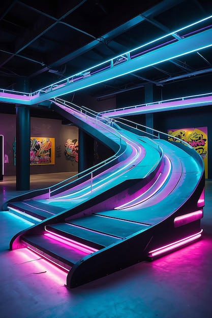 Foto um parque de skate futurista com rampas que desafiam a gravidade e trilhos iluminados a neon