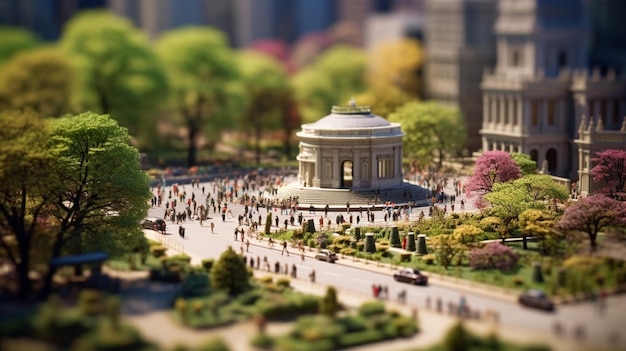 Um parque em miniatura com um pequeno prédio no centro e um parque ao fundo.