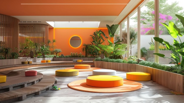 Foto um parque infantil elegante e moderno e uma sala de estar projetada em cores ensolaradas perfeitas para as crianças