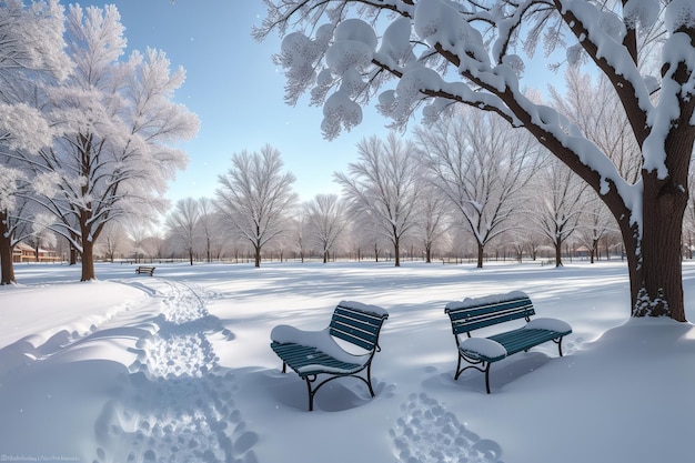 Um parque nevado com dois bancos e uma árvore em primeiro plano.