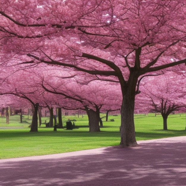 Foto um parque repleto de cerejeiras em flor.