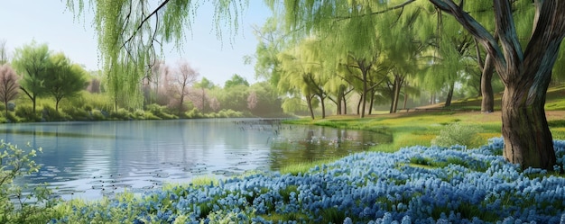 Um parque tranquilo de Riverside acorda na primavera Os salgueiros chorosos começam a ficar verdes