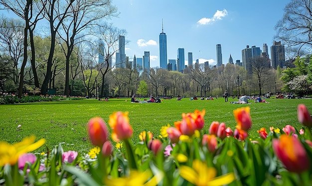 Um parque urbano iluminado pelo sol, com gramados verdes e flores