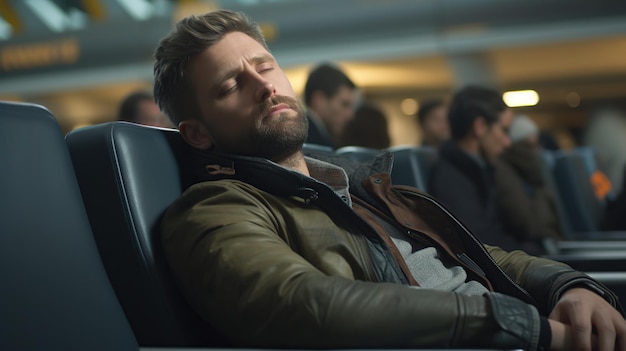 Foto um passageiro cansado dorme nos assentos à espera de embarque na área de partida do terminal do aeroporto.