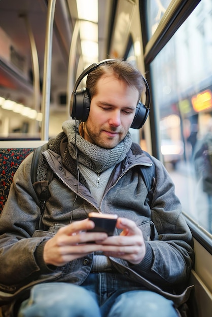 Um passageiro usando o transporte público enquanto faz multitarefa em um smartphone rotina moderna de deslocamento
