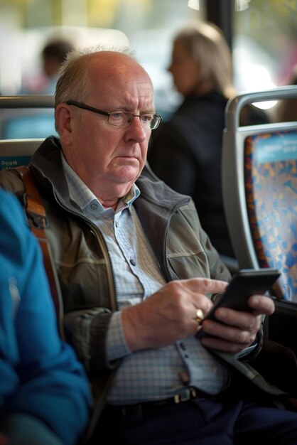 Foto um passageiro usando o transporte público enquanto faz multitarefa em um smartphone rotina moderna de deslocamento