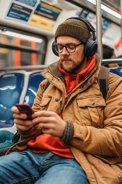 Um passageiro usando o transporte público enquanto faz multitarefa em um smartphone rotina moderna de deslocamento