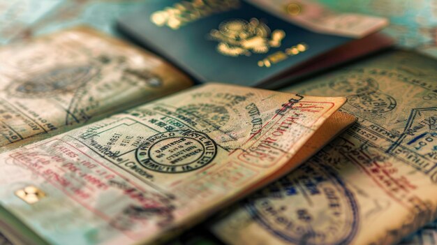 Um passaporte estampado com vários destinos