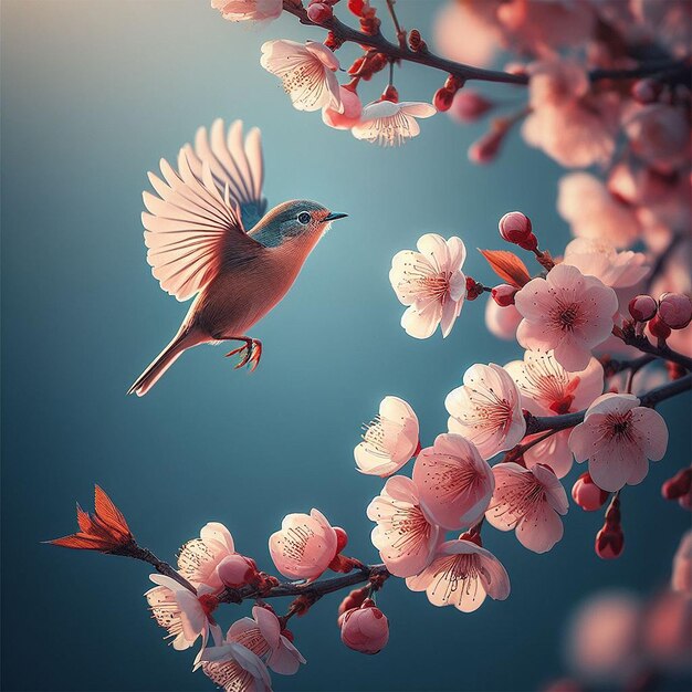 Um pássaro a aterrar num galho de cereja em flor