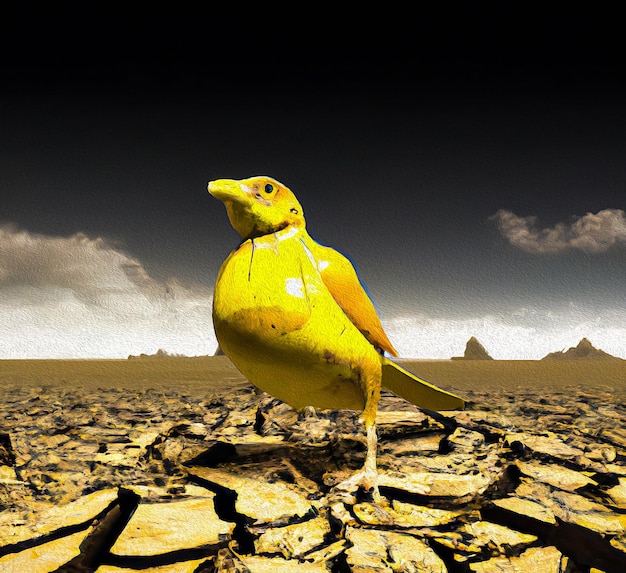 Um pássaro amarelo com uma mancha branca no pescoço fica em um chão rachado