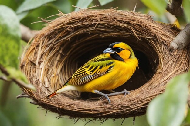 Foto um pássaro amarelo e preto com cabeça e pescoço amarelos e pretos