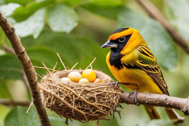 um pássaro amarelo e preto com ovos no ninho