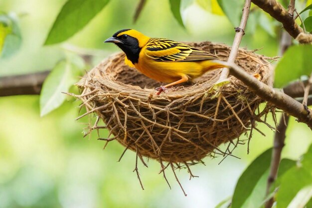 um pássaro amarelo e preto com um bico preto senta-se em um ninho