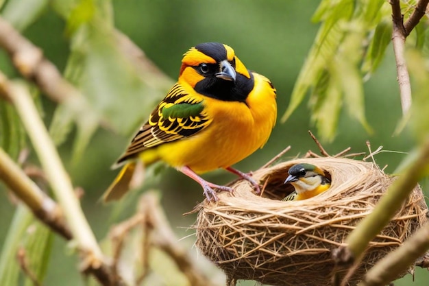 Foto um pássaro amarelo e preto com um bico verde senta-se em um ninho