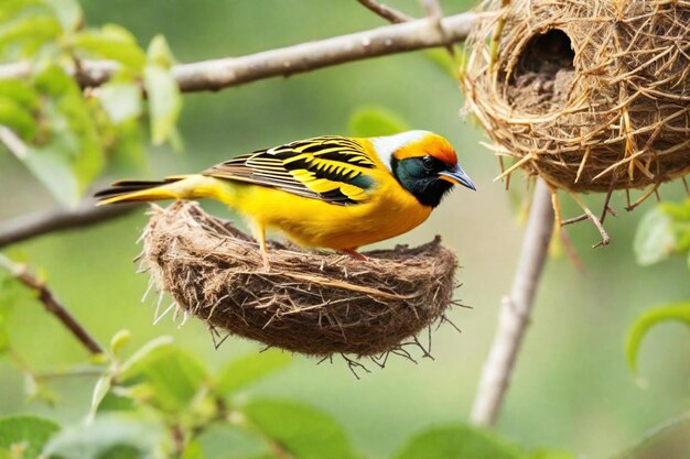 Foto um pássaro amarelo e preto com uma cabeça amarela e um bico preto com um fundo verde