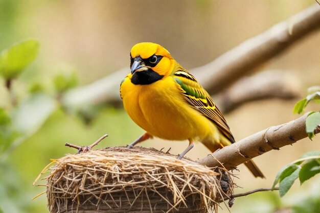 um pássaro amarelo e preto com uma cabeça preta e penas amarelas na cabeça