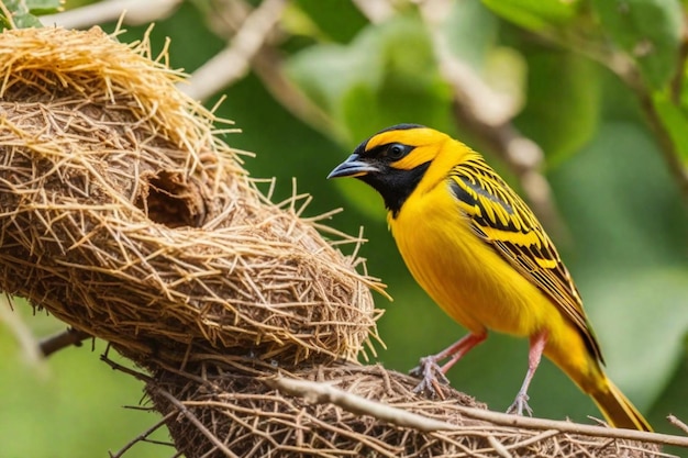 Foto um pássaro amarelo e preto com uma cabeça preta e um bico preto