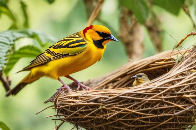 Foto um pássaro amarelo e preto com uma cabeça vermelha e uma cabeça amarela e uma cabeça preta e vermelha e penas de cauda