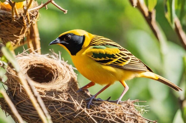 um pássaro amarelo e preto com uma cara amarela e preta está sentado em um ninho