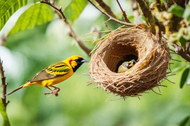 Foto um pássaro amarelo e preto está sentado em um ninho com um pássaro nele