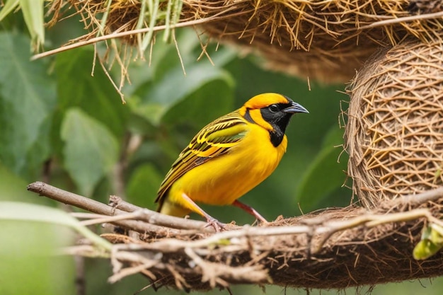 Foto um pássaro amarelo e preto está sentado em um ninho