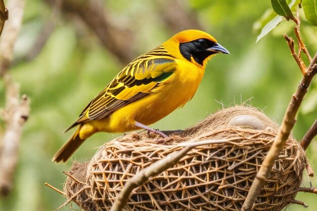 um pássaro amarelo e preto senta-se em cima de um ninho