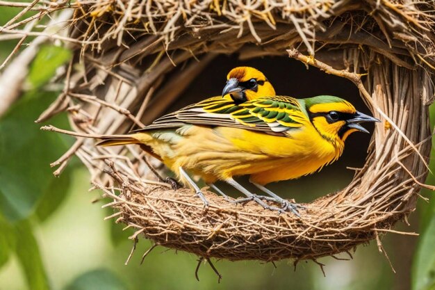 Foto um pássaro amarelo e verde com um bico preto e penas amarelas