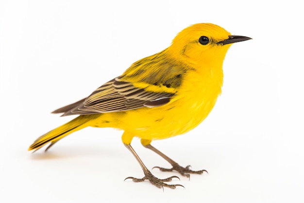 Um pássaro amarelo em pé sobre uma superfície branca