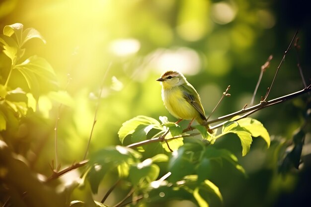 Um pássaro amarelo senta-se em um galho com folhas verdes ao fundo.