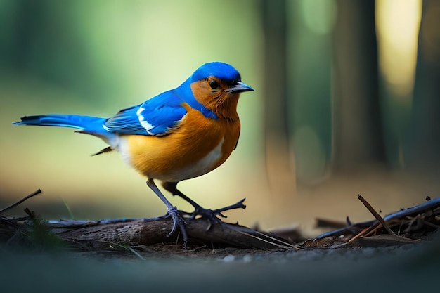 Um pássaro azul com cabeça amarela e laranja e asas azuis está em um galho.