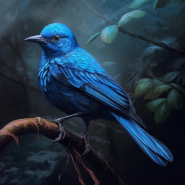um pássaro azul com cabeça azul e bico preto senta-se em um galho.
