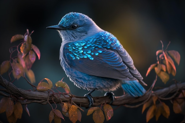 Um pássaro azul com fundo escuro e fundo escuro.