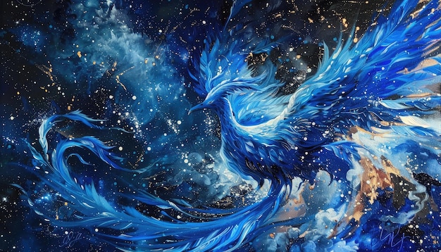 Um pássaro azul com penas douradas está voando pelo céu por uma imagem gerada por AI