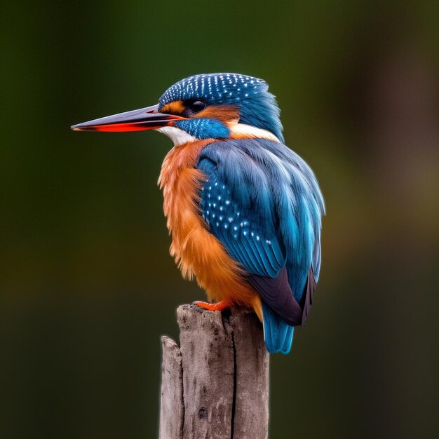 um pássaro azul com um bico longo está em um poste de madeira.