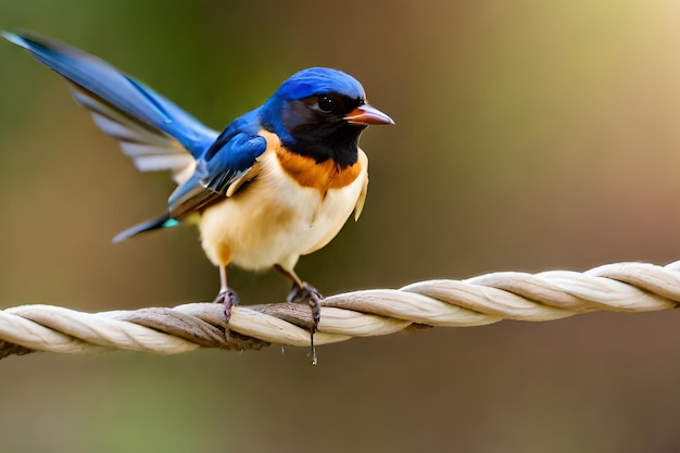 Um pássaro azul com uma cauda preta senta-se em um fio.